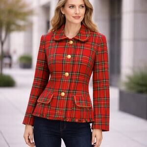 David Warren VTG SZ 8 Tartan Bling Gold Button Front Fitted Blazer Lightweight